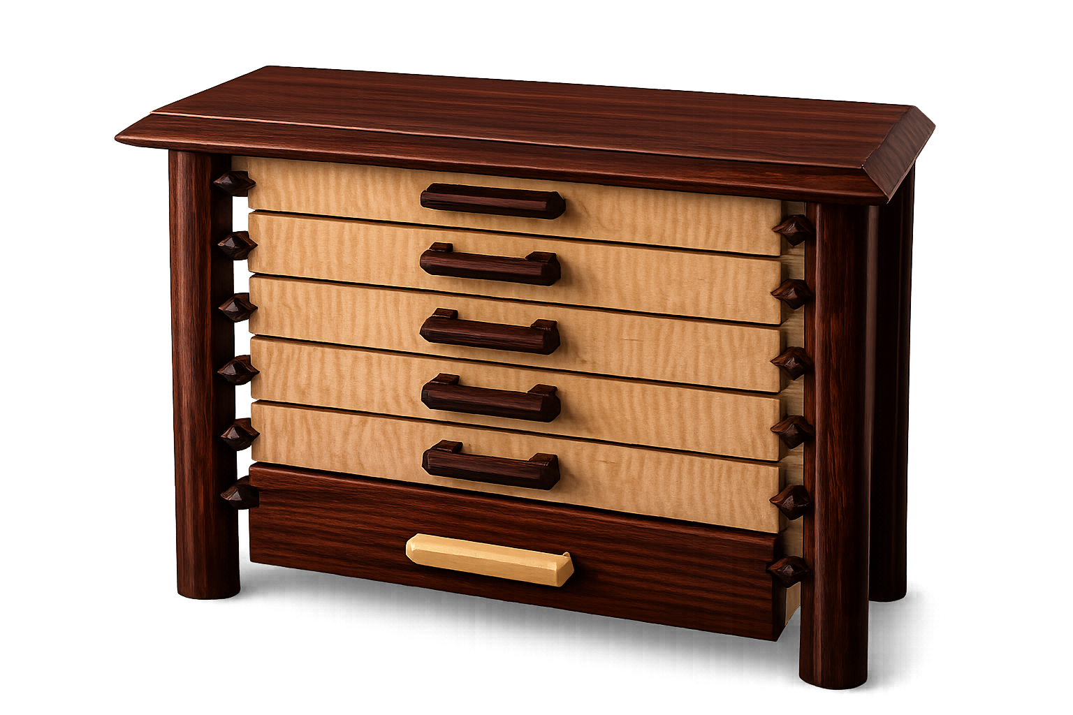 Greene & Greene inspired jewelry cabinet with curly maple drawers and padauk accents