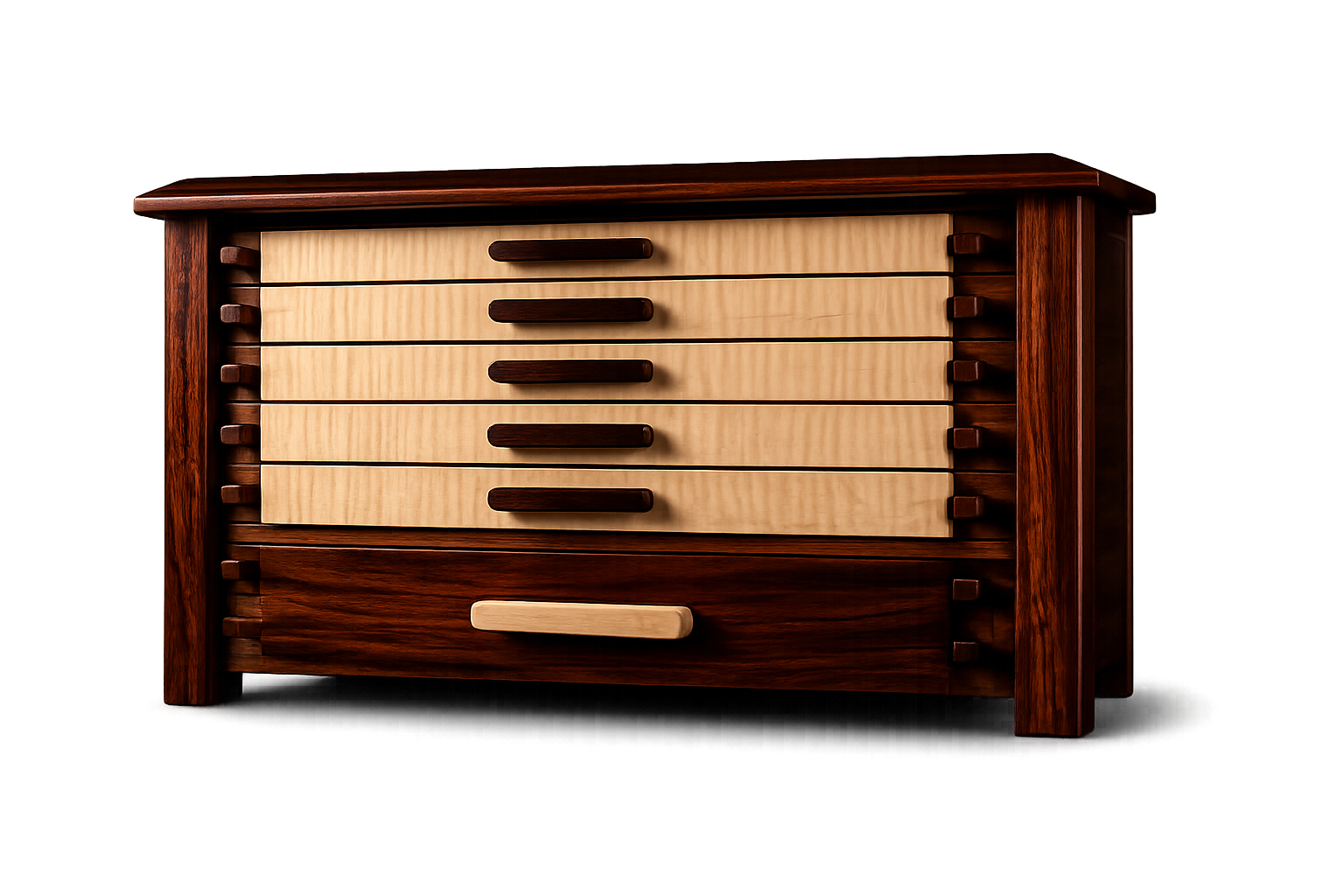 Greene & Greene inspired jewelry cabinet with curly maple drawers and dark padauk frame.
